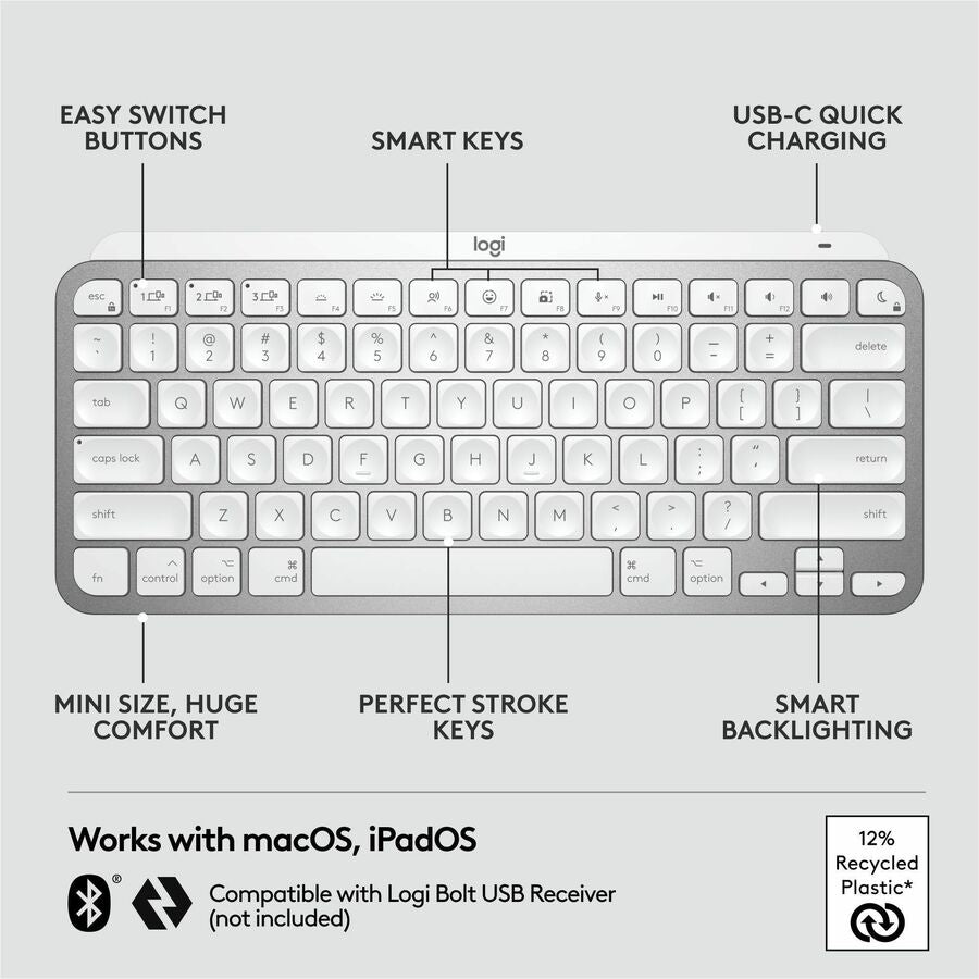 Alternate-Image5 Image for Logitech MX Keys Mini for Mac Minimalist Wireless Illuminated Keyboard, Bluetooth, Backlit Keys, USB-C, Metal Build, Pale Grey