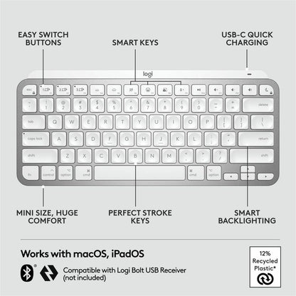 Alternate-Image5 Image for Logitech MX Keys Mini for Mac Minimalist Wireless Illuminated Keyboard, Bluetooth, Backlit Keys, USB-C, Metal Build, Pale Grey