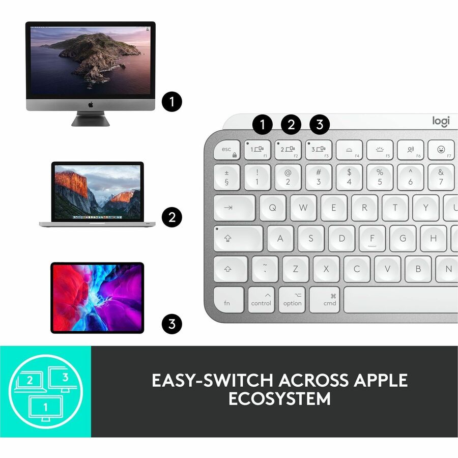Alternate-Image7 Image for Logitech MX Keys Mini for Mac Minimalist Wireless Illuminated Keyboard, Bluetooth, Backlit Keys, USB-C, Metal Build, Pale Grey