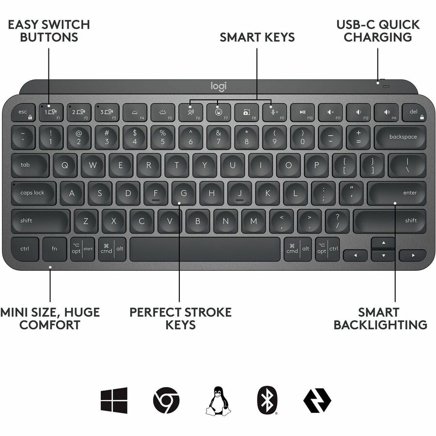 Alternate-Image5 Image for Logitech MX Keys Mini Wireless Illuminated Keyboard for Business, Compact, Logi Bolt Technology, Graphite
