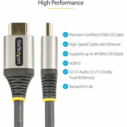 Alternate-Image1 Image for StarTech.com 6ft (2m) Premium Certified HDMI 2.0 Cable, High Speed Ultra HD 4K 60Hz HDMI Cable with Ethernet, HDR10, UHD HDMI Monitor Cord