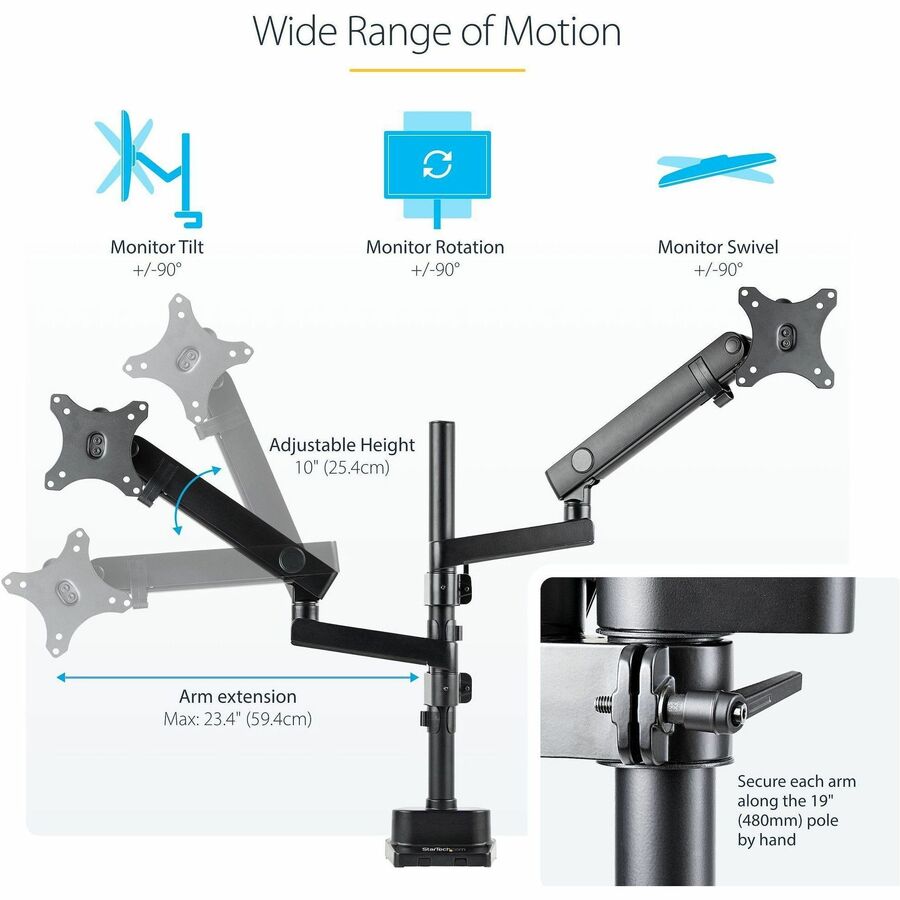Alternate-Image4 Image for StarTech.com Desk Mount Dual Monitor Arm, Height Adjustable Monitor Mount for 2x VESA Displays up to 32" (17.6lb/8kg), Mechanical Spring