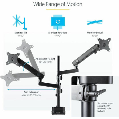 Alternate-Image4 Image for StarTech.com Desk Mount Dual Monitor Arm, Height Adjustable Monitor Mount for 2x VESA Displays up to 32" (17.6lb/8kg), Mechanical Spring