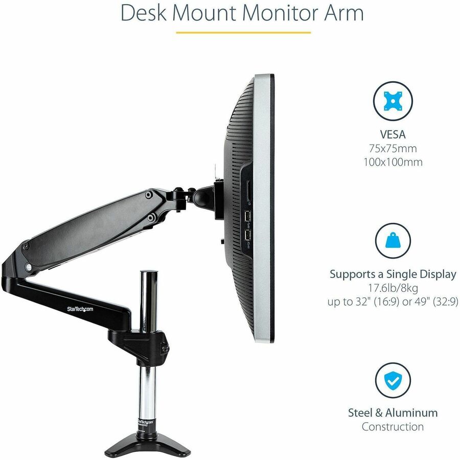 Alternate-Image1 Image for StarTech.com Desk Mount Monitor Arm for Single VESA Display 49"(17.6lb/8kg), Full Motion Articulating & Height Adjustable, C-Clamp/Grommet
