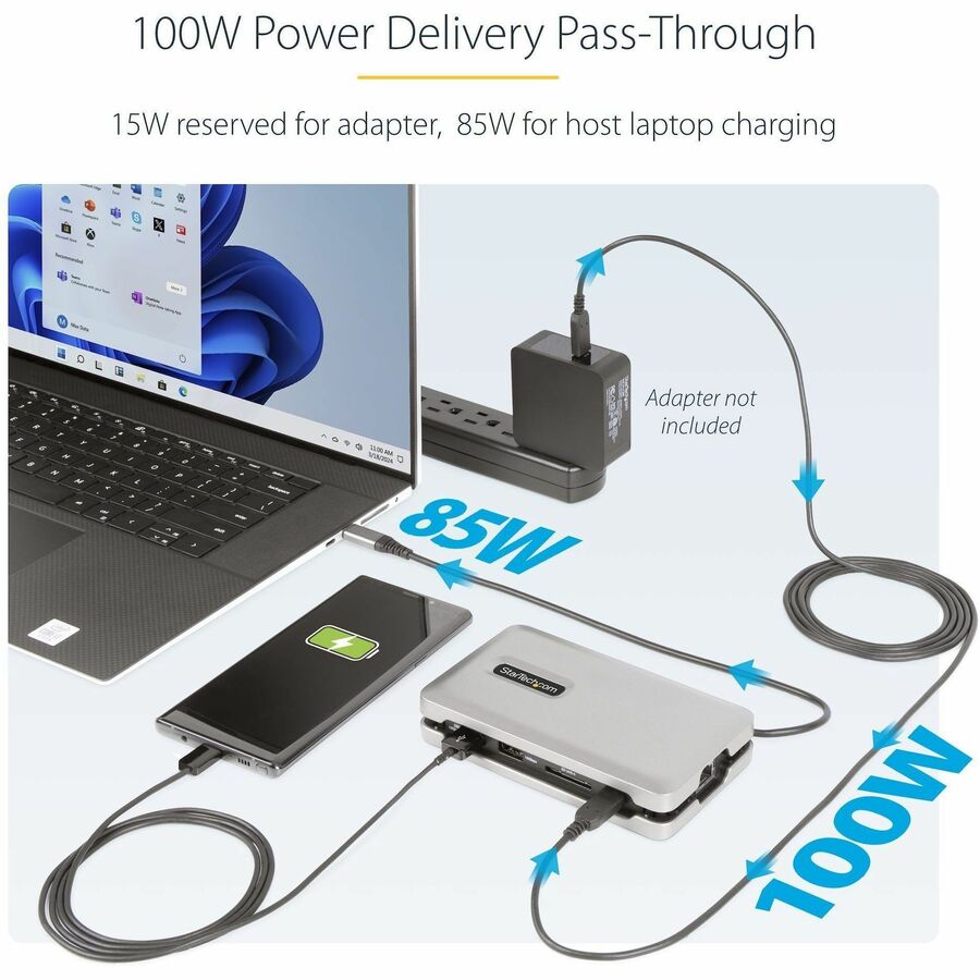 Alternate-Image6 Image for StarTech USB C Multiport Adapter, USB C to 4K 60Hz HDMI 2.0, 2-Port 10Gbps USB Hub, 100W Power Delivery Pass-through, GbE, SD/MicroSD