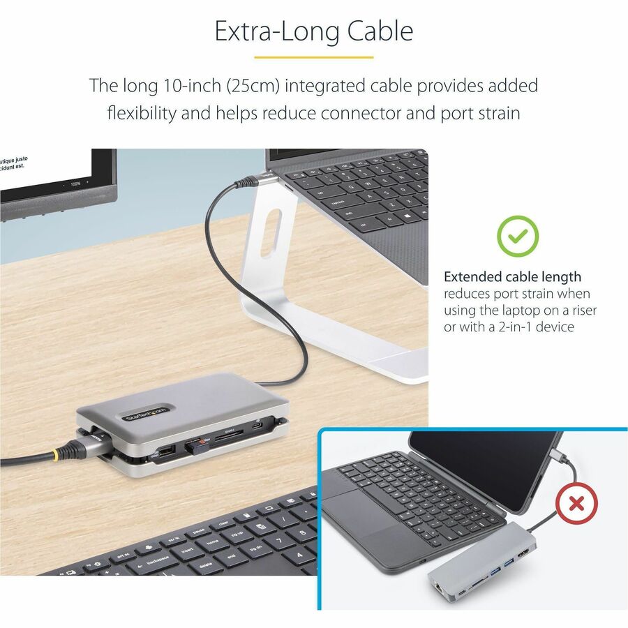 Alternate-Image4 Image for StarTech USB C Multiport Adapter, USB C to 4K 60Hz HDMI 2.0, 2-Port 10Gbps USB Hub, 100W Power Delivery Pass-through, GbE, SD/MicroSD