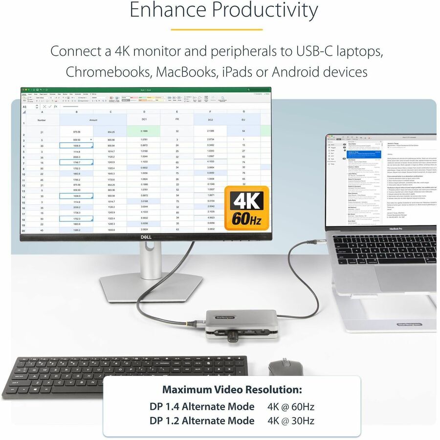 Alternate-Image1 Image for StarTech USB C Multiport Adapter, USB C to 4K 60Hz HDMI 2.0, 2-Port 10Gbps USB Hub, 100W Power Delivery Pass-through, GbE, SD/MicroSD