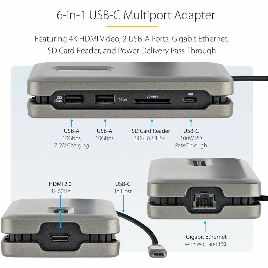 Alternate-Image2 Image for StarTech USB C Multiport Adapter, USB C to 4K 60Hz HDMI 2.0, 2-Port 10Gbps USB Hub, 100W Power Delivery Pass-through, GbE, SD/MicroSD