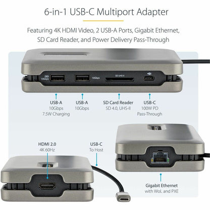 Alternate-Image2 Image for StarTech USB C Multiport Adapter, USB C to 4K 60Hz HDMI 2.0, 2-Port 10Gbps USB Hub, 100W Power Delivery Pass-through, GbE, SD/MicroSD