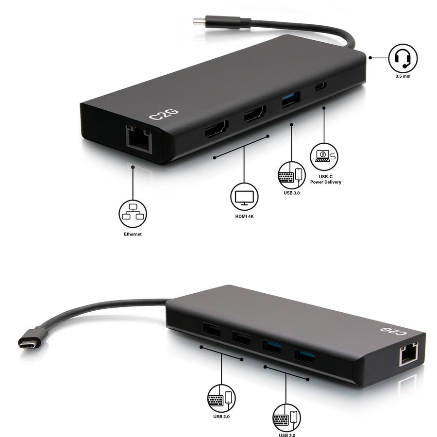 Labeled-Images Image for C2G USB C Docking Station - Dual Monitor Docking Station with 4K HDMI, USB, Ethernet, and AUX - Power Delivery up to 60W