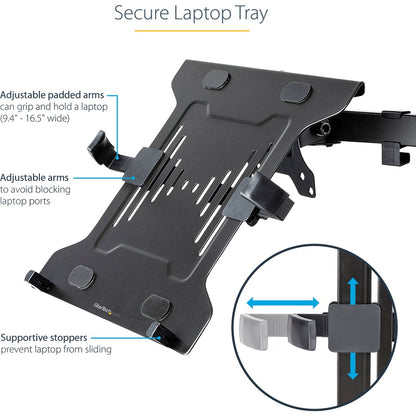 Alternate-Image3 Image for StarTech VESA Laptop Tray, Adjustable Monitor Arm Laptop Tray, Secures Notebooks up to 4.5kg (9.9lb), 75x75 & 100x100 VESA, Ventilated