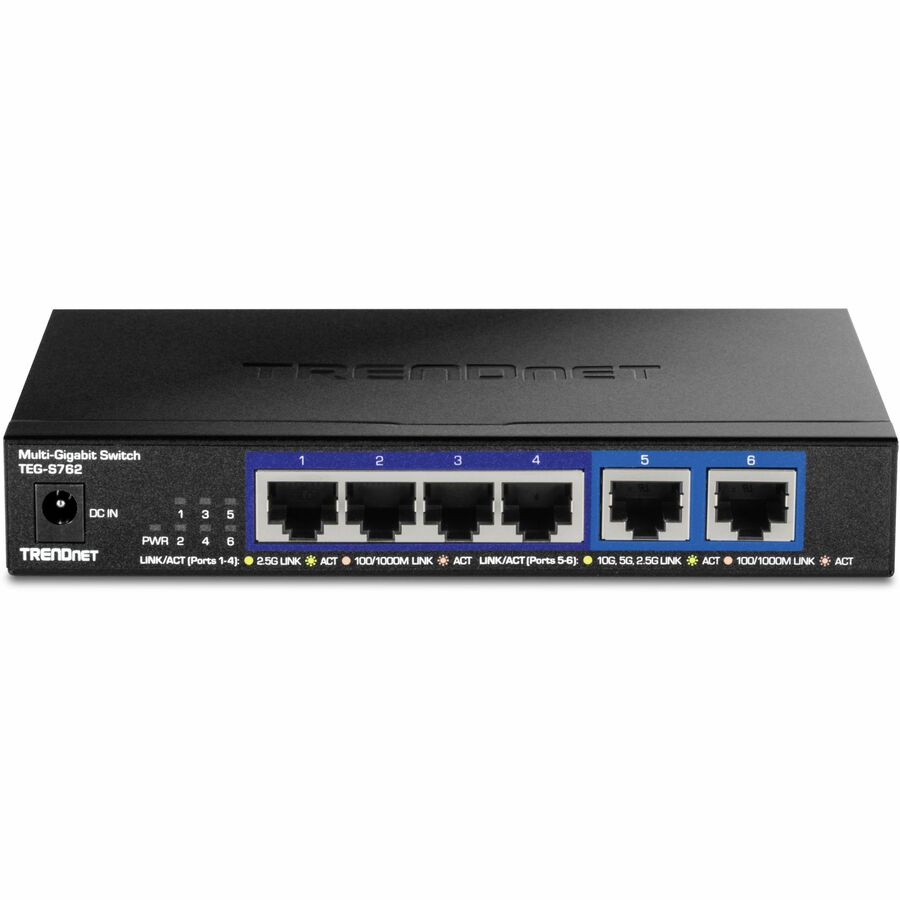 Alternate-Image1 Image for TRENDnet 6-Port 10G Switch, 4 x 2.5G RJ-45 Base-T Ports, TEG-S762, 2 x 10G RJ-45 Ports, 60Gbps Switching Capacity, Wall Mountable, Ethernet Splitter, NDAA & TAA Compliant, Lifetime Protection, Black