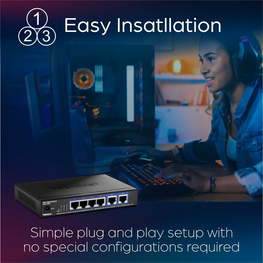 Alternate-Image9 Image for TRENDnet 6-Port 10G Switch, 4 x 2.5G RJ-45 Base-T Ports, TEG-S762, 2 x 10G RJ-45 Ports, 60Gbps Switching Capacity, Wall Mountable, Ethernet Splitter, NDAA & TAA Compliant, Lifetime Protection, Black