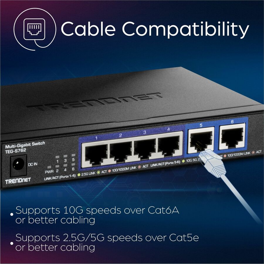 Alternate-Image5 Image for TRENDnet 6-Port 10G Switch, 4 x 2.5G RJ-45 Base-T Ports, TEG-S762, 2 x 10G RJ-45 Ports, 60Gbps Switching Capacity, Wall Mountable, Ethernet Splitter, NDAA & TAA Compliant, Lifetime Protection, Black