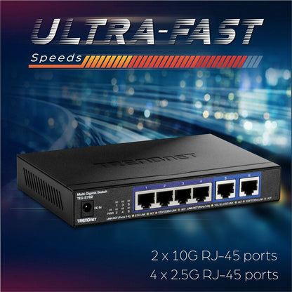 Alternate-Image10 Image for TRENDnet 6-Port 10G Switch, 4 x 2.5G RJ-45 Base-T Ports, TEG-S762, 2 x 10G RJ-45 Ports, 60Gbps Switching Capacity, Wall Mountable, Ethernet Splitter, NDAA & TAA Compliant, Lifetime Protection, Black