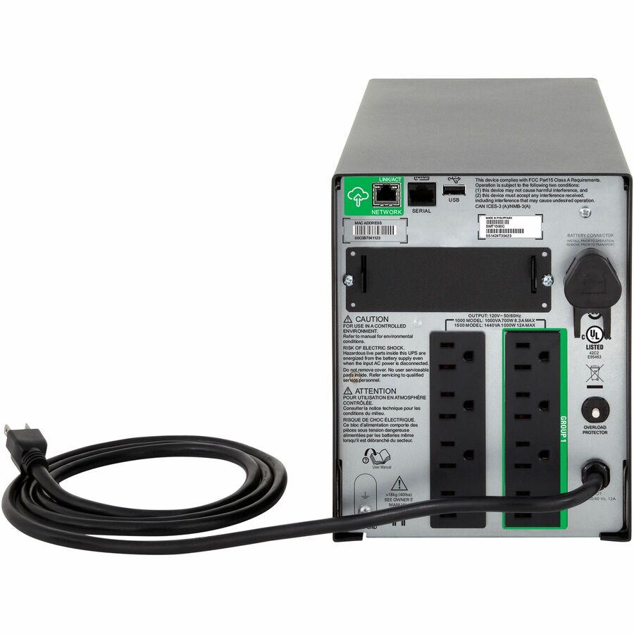 Rear Image for APC Smart-UPS, Line Interactive, 1000VA, Tower, 120V, 8x NEMA 5-15R outlets, SmartConnect Port+SmartSlot, AVR, LCD [TAA]