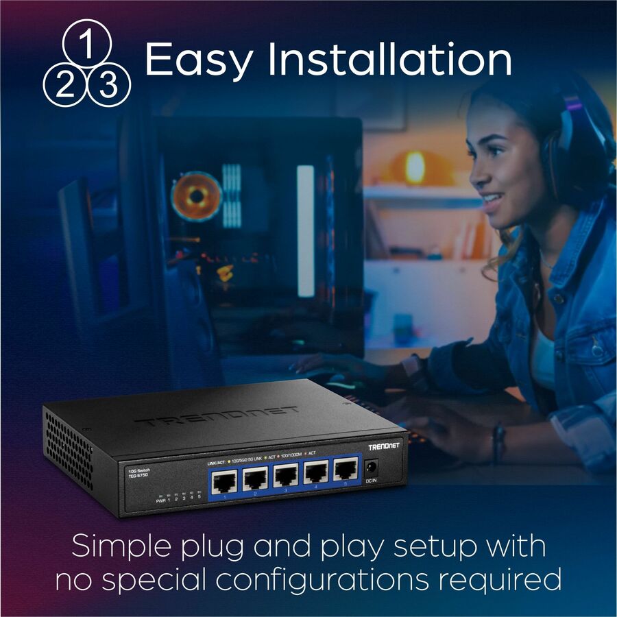 Alternate-Image6 Image for TRENDnet 5-Port 10G Switch, TEG-S750, 5 x 10G RJ-45 Ports, 100Gbps Switching Capacity, Supports 2.5G and 5G-Base-T Connections, Ethernet Splitter, NDAA & TAA Compliant, Lifetime Protection, Black
