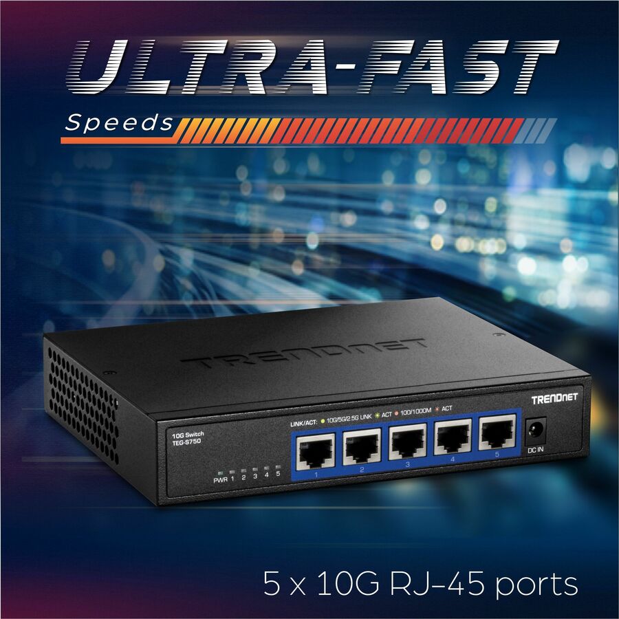 Alternate-Image9 Image for TRENDnet 5-Port 10G Switch, TEG-S750, 5 x 10G RJ-45 Ports, 100Gbps Switching Capacity, Supports 2.5G and 5G-Base-T Connections, Ethernet Splitter, NDAA & TAA Compliant, Lifetime Protection, Black