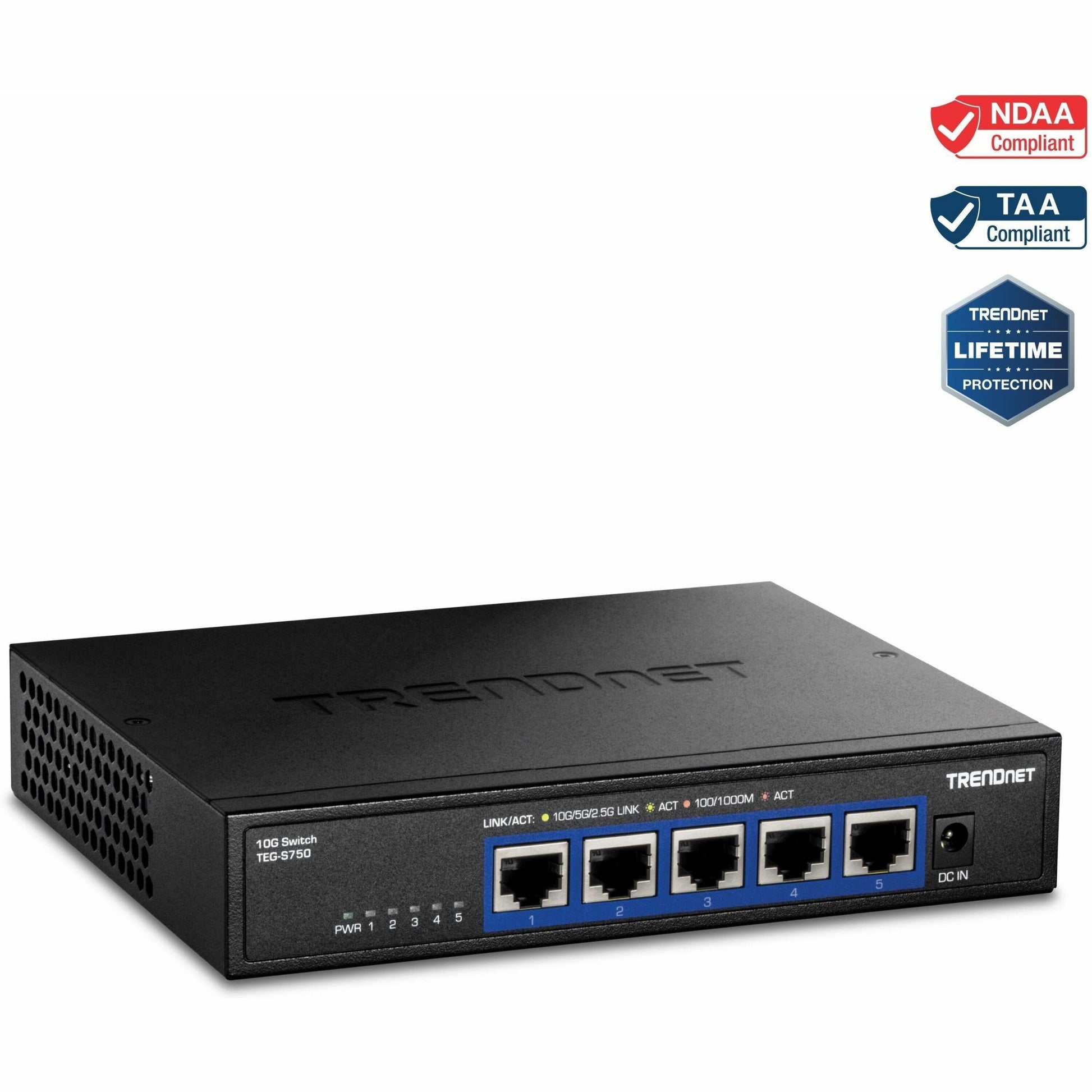Main Image for TRENDnet 5-Port 10G Switch, TEG-S750, 5 x 10G RJ-45 Ports, 100Gbps Switching Capacity, Supports 2.5G and 5G-Base-T Connections, Ethernet Splitter, NDAA & TAA Compliant, Lifetime Protection, Black