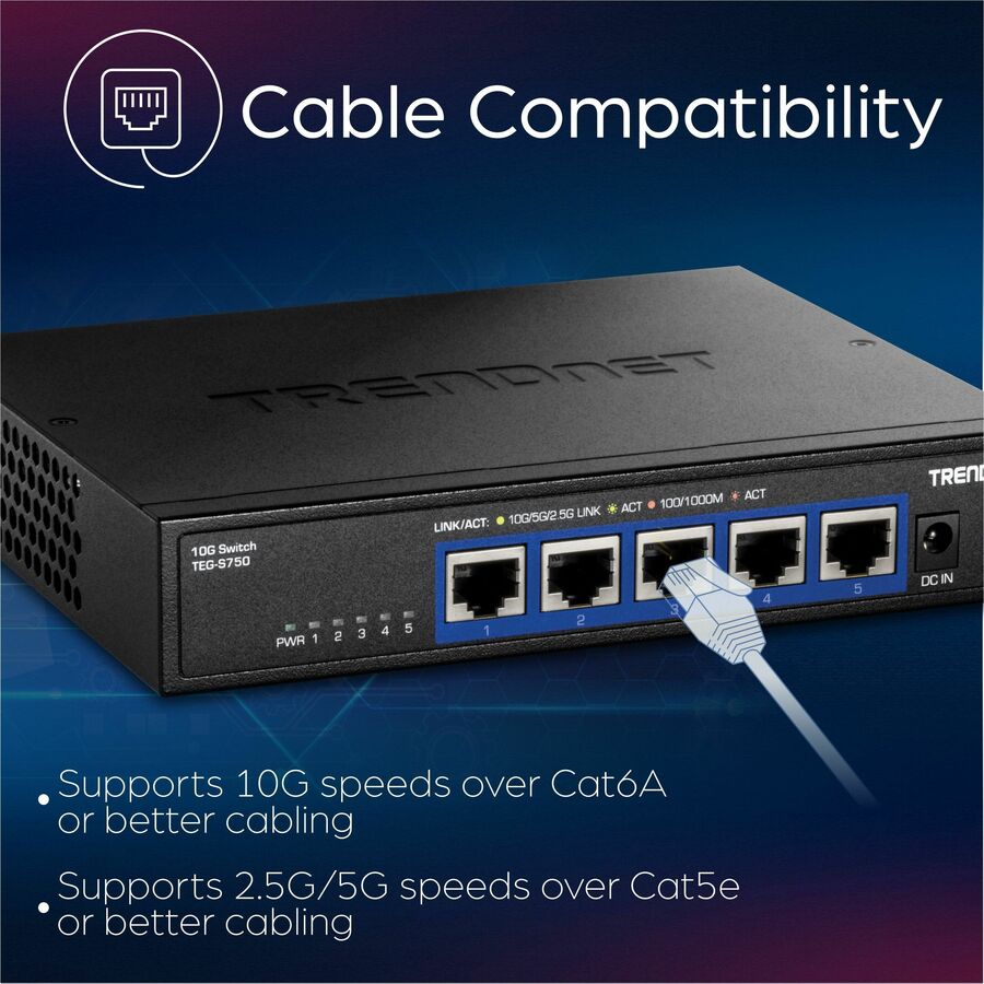 Alternate-Image10 Image for TRENDnet 5-Port 10G Switch, TEG-S750, 5 x 10G RJ-45 Ports, 100Gbps Switching Capacity, Supports 2.5G and 5G-Base-T Connections, Ethernet Splitter, NDAA & TAA Compliant, Lifetime Protection, Black