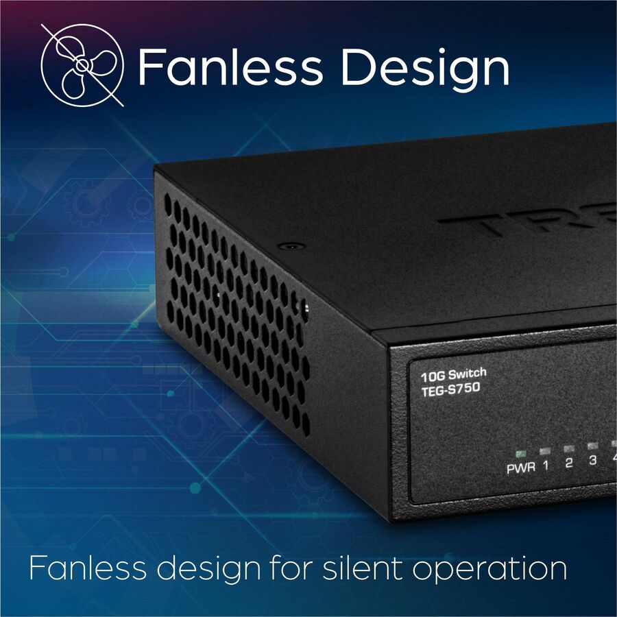 Alternate-Image7 Image for TRENDnet 5-Port 10G Switch, TEG-S750, 5 x 10G RJ-45 Ports, 100Gbps Switching Capacity, Supports 2.5G and 5G-Base-T Connections, Ethernet Splitter, NDAA & TAA Compliant, Lifetime Protection, Black