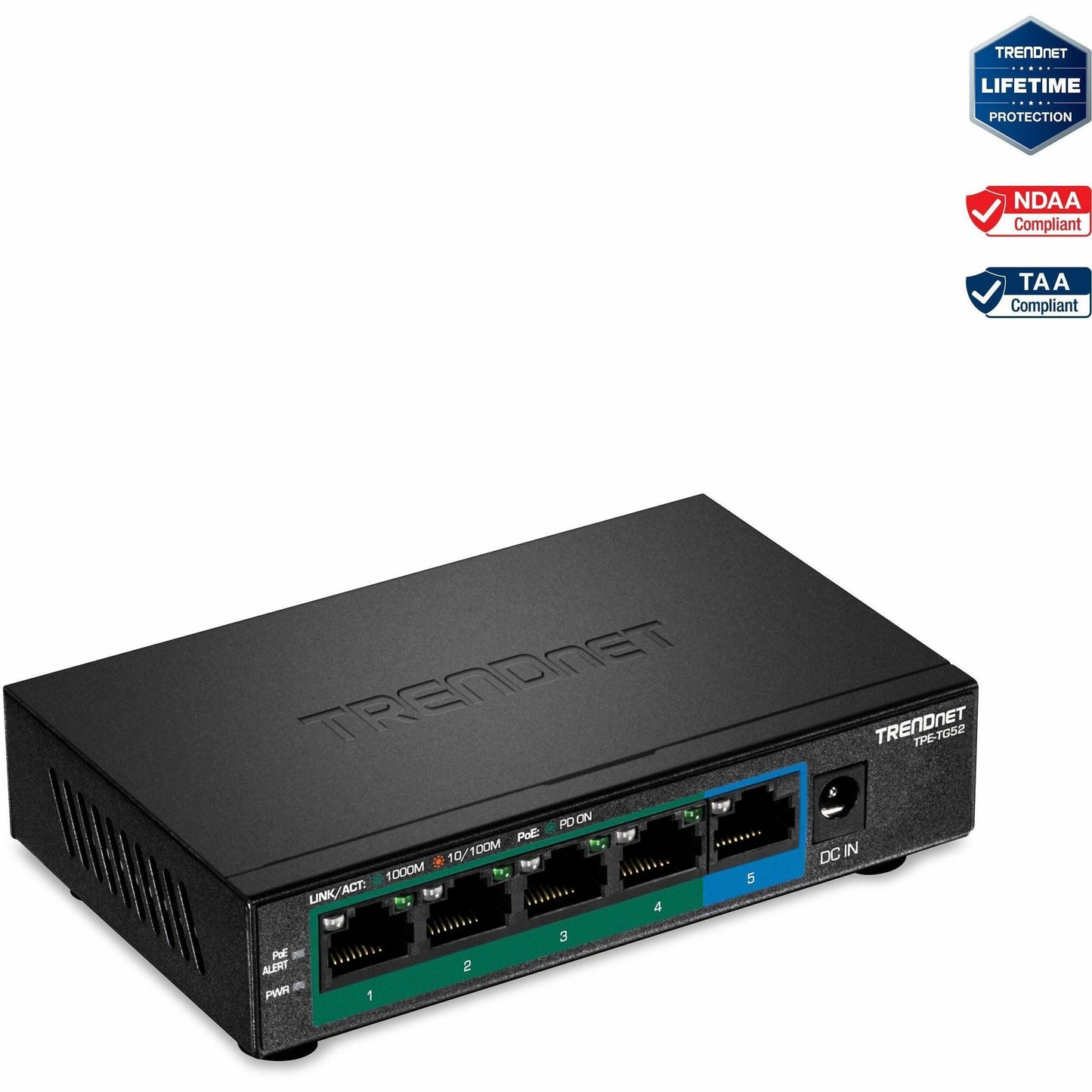 Main Image for TRENDnet 5-Port Gigabit PoE+ Switch, 32W PoE Power Budget, 10Gbps Switching Capacity, IEEE 802.1p QoS, DSCP Pass-Through Support, Fanless, Wall Mountable, Lifetime Protection, Black, TPE-TG52