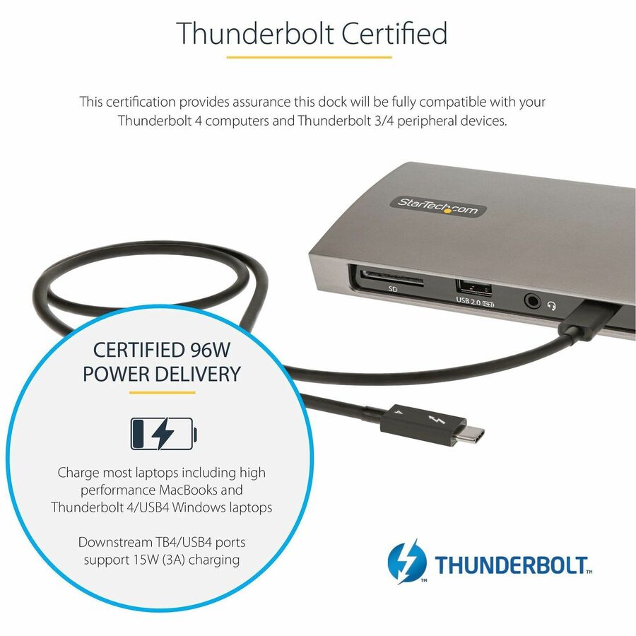 Alternate-Image3 Image for StarTech.com Thunderbolt 4 Dock, 96W Power Delivery, Single 8K / Dual Monitor 4K 60Hz, 3x TB4/USB4 ports, 4x USB-A, SD, GbE, 0.8m cable