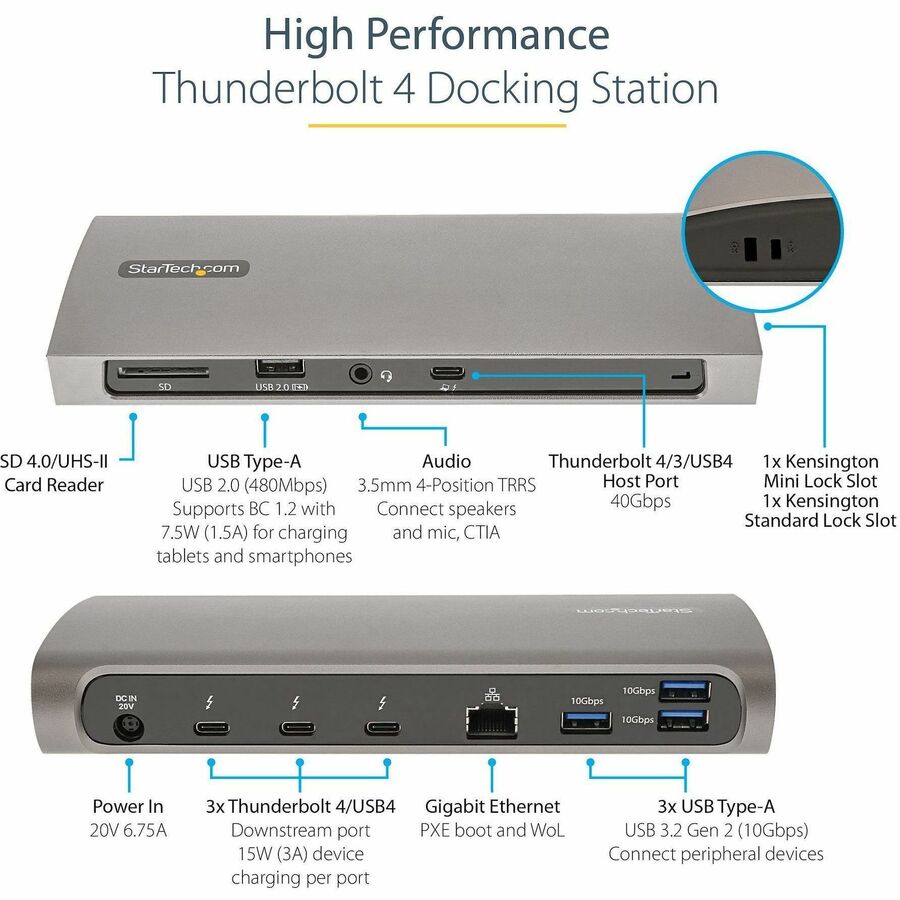 Alternate-Image2 Image for StarTech.com Thunderbolt 4 Dock, 96W Power Delivery, Single 8K / Dual Monitor 4K 60Hz, 3x TB4/USB4 ports, 4x USB-A, SD, GbE, 0.8m cable