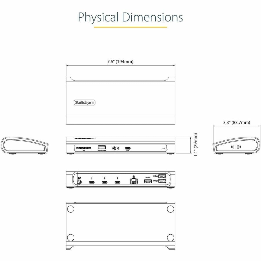 Alternate-Image5 Image for StarTech.com Thunderbolt 4 Dock, 96W Power Delivery, Single 8K / Dual Monitor 4K 60Hz, 3x TB4/USB4 ports, 4x USB-A, SD, GbE, 0.8m cable