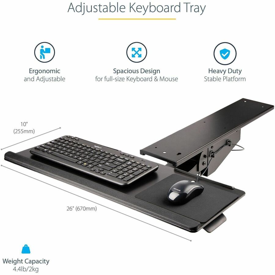 Alternate-Image1 Image for StarTech Under Desk Keyboard Tray, Height Adjustable Keyboard and Mouse Tray (10" x 26"), Ergonomic Computer Keyboard Tray w/Mouse Pad