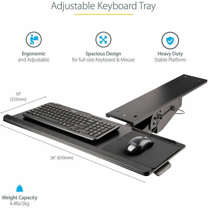 Alternate-Image1 Image for StarTech Under Desk Keyboard Tray, Height Adjustable Keyboard and Mouse Tray (10" x 26"), Ergonomic Computer Keyboard Tray w/Mouse Pad