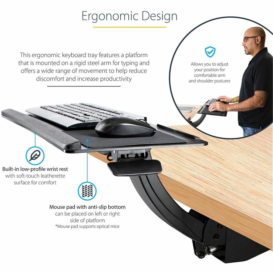 Alternate-Image4 Image for StarTech Under Desk Keyboard Tray, Height Adjustable Keyboard and Mouse Tray (10" x 26"), Ergonomic Computer Keyboard Tray w/Mouse Pad