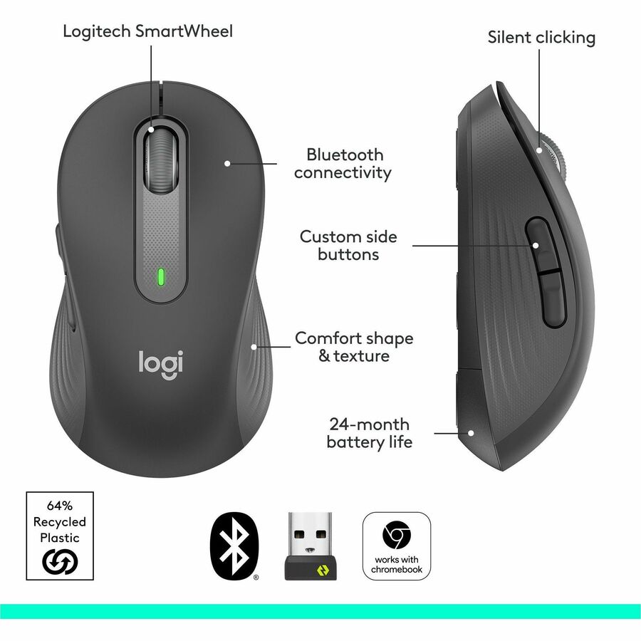 Alternate-Image7 Image for Logitech Signature M650 Wireless Mouse - For Small to Medium Sized Hands, 2-Year Battery, Silent Clicks, Bluetooth, Graphite
