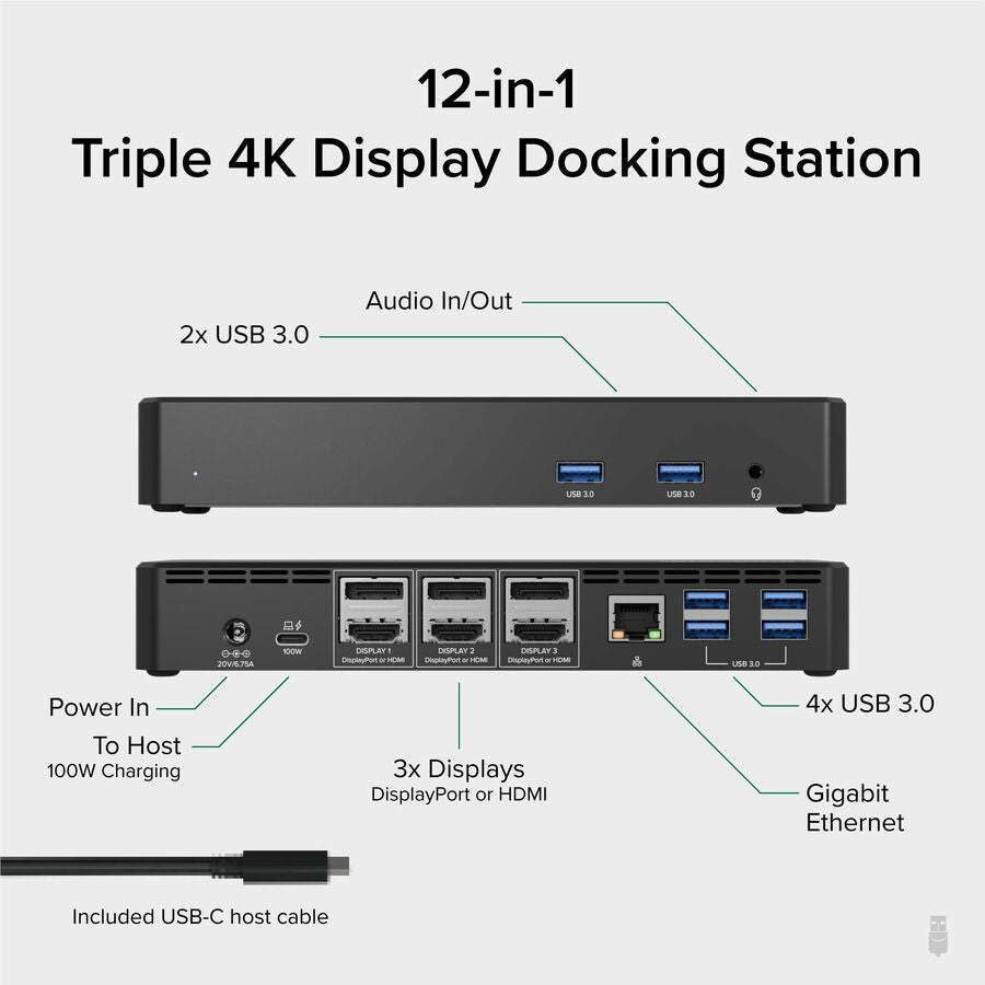 Alternate-Image1 Image for Plugable 12-in-1 USB C Triple Monitor Docking Station, Triple 4K Displays with 3X HDMI or 3X DisplayPort