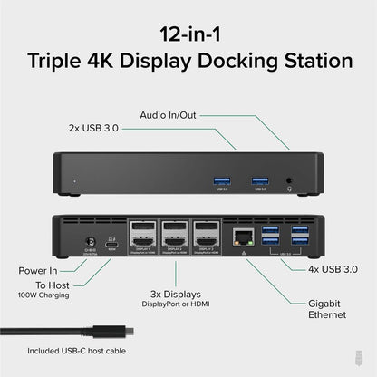 Alternate-Image1 Image for Plugable 12-in-1 USB C Triple Monitor Docking Station, Triple 4K Displays with 3X HDMI or 3X DisplayPort