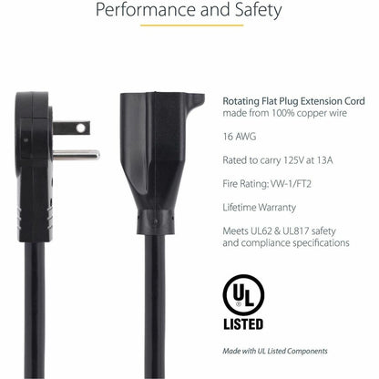 Alternate-Image5 Image for StarTech.com 6ft Power Extension Cord, Rotating Flat Plug Extension Cord, NEMA 5-15P to NEMA 5-15R Cable, 16 AWG, 125V/15A, UL Certified