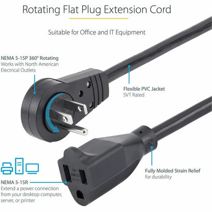 Alternate-Image1 Image for StarTech.com 10ft Power Extension Cord, Rotating Flat Plug Extension Cord, NEMA 5-15P to NEMA 5-15R Cable, 16 AWG, 125V/15A, UL Certified