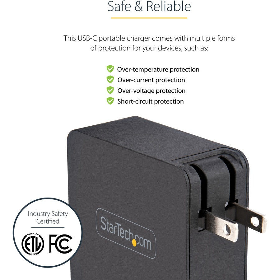 Alternate-Image3 Image for StarTech.com USB C Wall Charger, 60W PD with 6ft/2m Cable, Portable USB Type C Laptop Charger, Universal Adapter, USB IF/ETL Certified