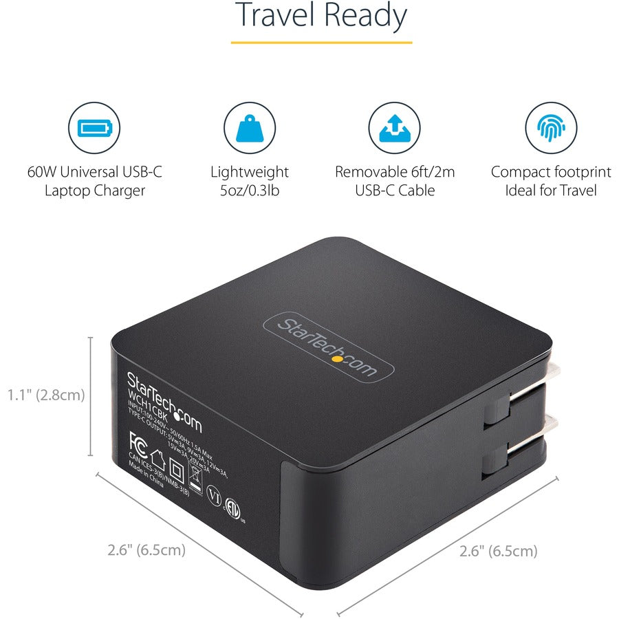 Alternate-Image2 Image for StarTech.com USB C Wall Charger, 60W PD with 6ft/2m Cable, Portable USB Type C Laptop Charger, Universal Adapter, USB IF/ETL Certified