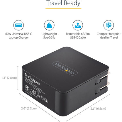 Alternate-Image2 Image for StarTech.com USB C Wall Charger, 60W PD with 6ft/2m Cable, Portable USB Type C Laptop Charger, Universal Adapter, USB IF/ETL Certified