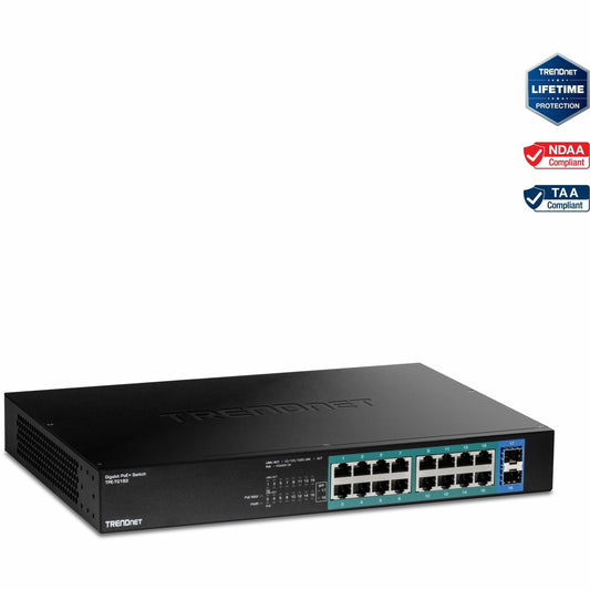 Main Image for TRENDnet 18-Port Gigabit PoE+ Switch, 16 x 30W PoE+ Ports, 2 Gigabit SFP Slots, 240W PoE Budget, 36Gbps Switching Capacity, 1U 19" Rack Mountable, Lifetime Protection, Black, TPE-TG182