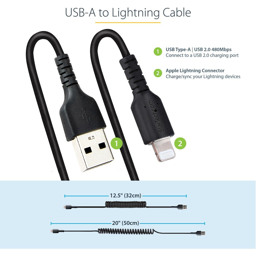 Alternate-Image2 Image for StarTech.com 50cm/20in USB to Lightning Cable, MFi Certified, Coiled iPhone Charger Cable, Black, Durable TPE Jacket Aramid Fiber