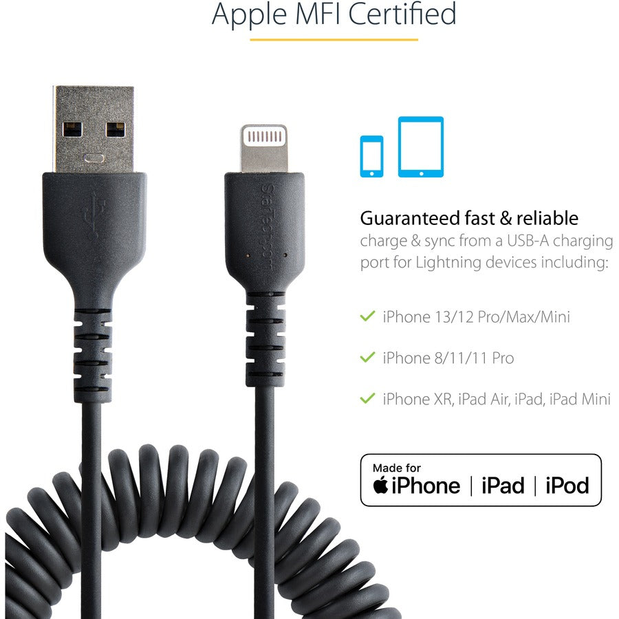 Alternate-Image4 Image for StarTech.com 50cm/20in USB to Lightning Cable, MFi Certified, Coiled iPhone Charger Cable, Black, Durable TPE Jacket Aramid Fiber