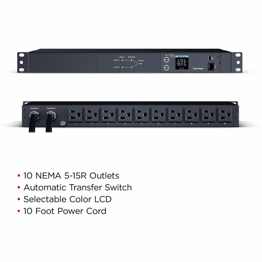 Alternate-Image1 Image for CyberPower PDU24001 Single Phase 100 - 120 VAC 15A Metered ATS PDU
