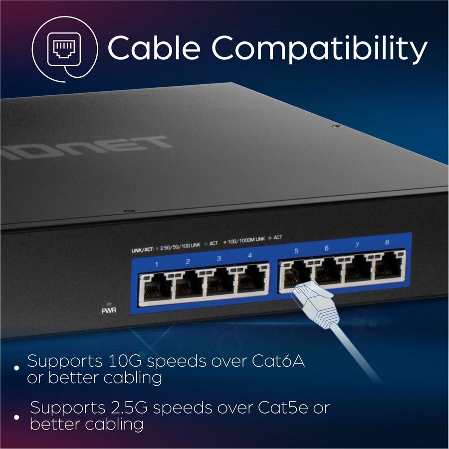 Alternate-Image3 Image for TRENDnet 8-Port 10G Switch, TEG-S708, 8 x 10G RJ-45 Ports, 160Gbps Switching Capacity Rack mountable, Ethernet Splitter, NDAA & TAA Compliant, Lifetime Protection, Black