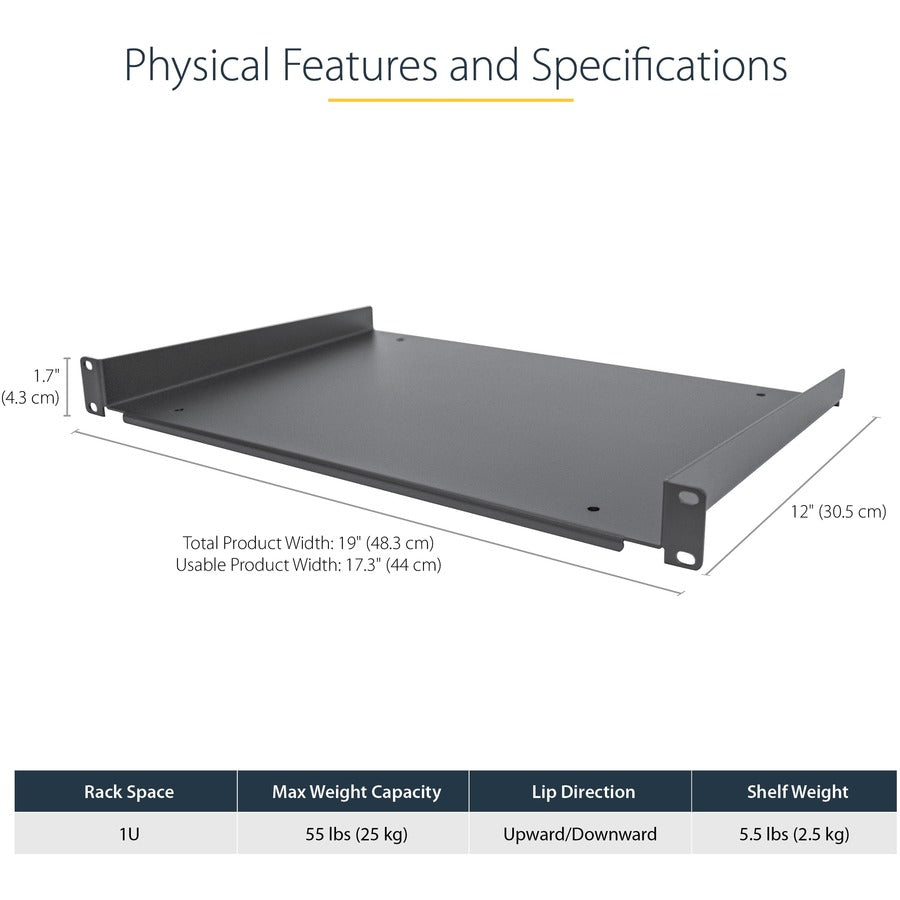 Alternate-Image2 Image for StarTech.com 1U Server Rack Cabinet Shelf - Fixed 12" Deep Cantilever Rackmount Tray for 19" Data/AV/Network Enclosure w/cage nuts, screws