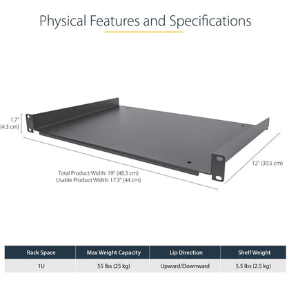Alternate-Image2 Image for StarTech.com 1U Server Rack Cabinet Shelf - Fixed 12" Deep Cantilever Rackmount Tray for 19" Data/AV/Network Enclosure w/cage nuts, screws