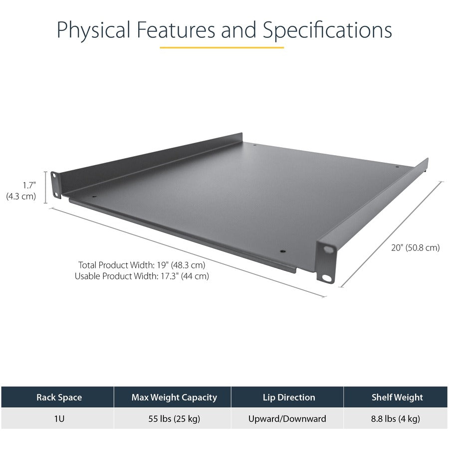 Alternate-Image2 Image for StarTech 1U Server Rack Cabinet Shelf - Fixed 20" Deep Cantilever Rackmount Tray for 19" Data/AV/Network Enclosure w/cage nuts, screws