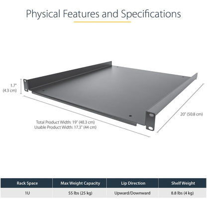 Alternate-Image2 Image for StarTech 1U Server Rack Cabinet Shelf - Fixed 20" Deep Cantilever Rackmount Tray for 19" Data/AV/Network Enclosure w/cage nuts, screws