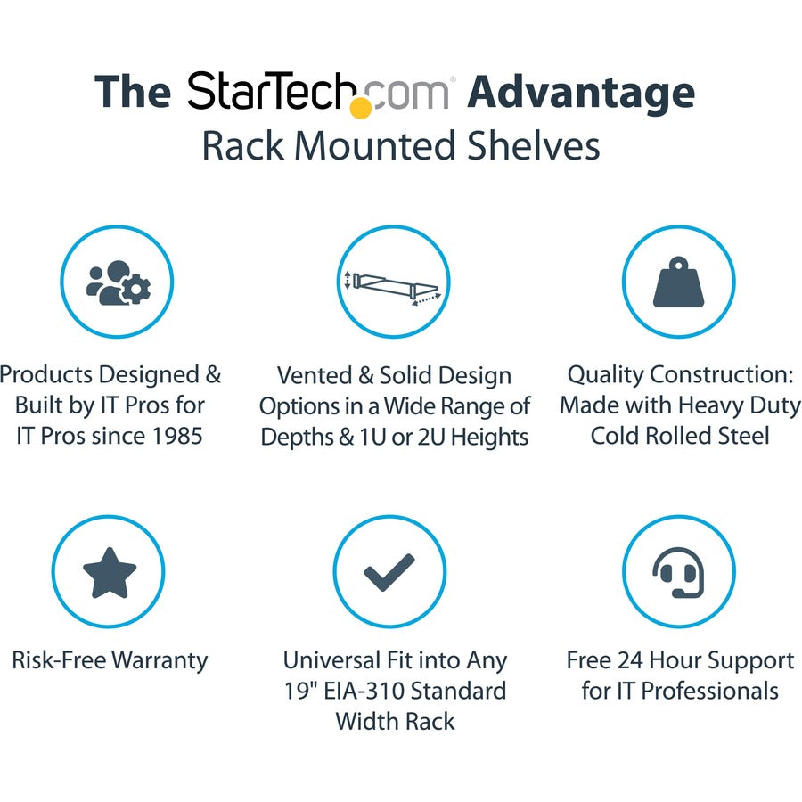 Alternate-Image1 Image for StarTech 1U Server Rack Cabinet Shelf - Fixed 20" Deep Cantilever Rackmount Tray for 19" Data/AV/Network Enclosure w/cage nuts, screws